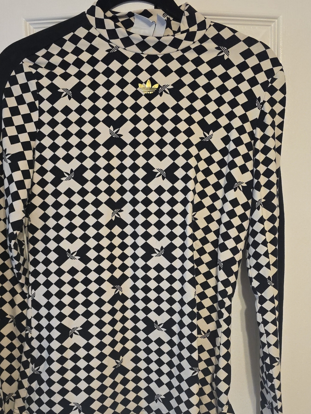 adidas Black & White Checker Turtleneck Sweater with Gold Trefoil